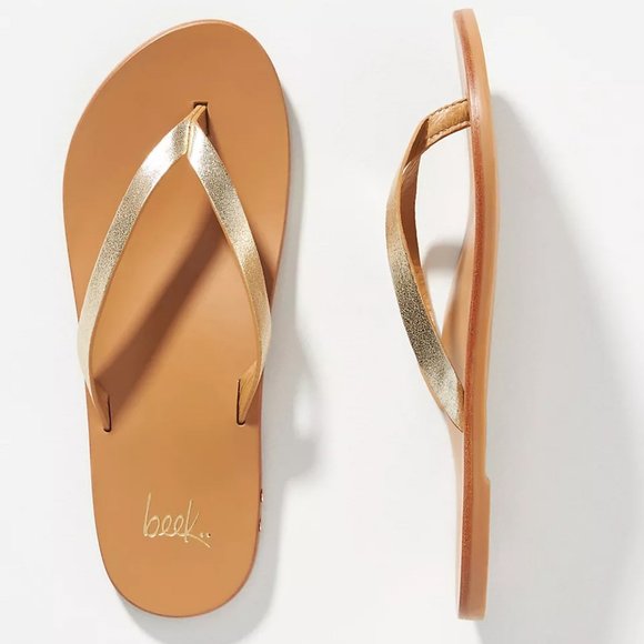 beek Shoes - Beek Seabird Thong Flip Flop Slide SANDALS Size 7 Platinum Honey Leather NEW